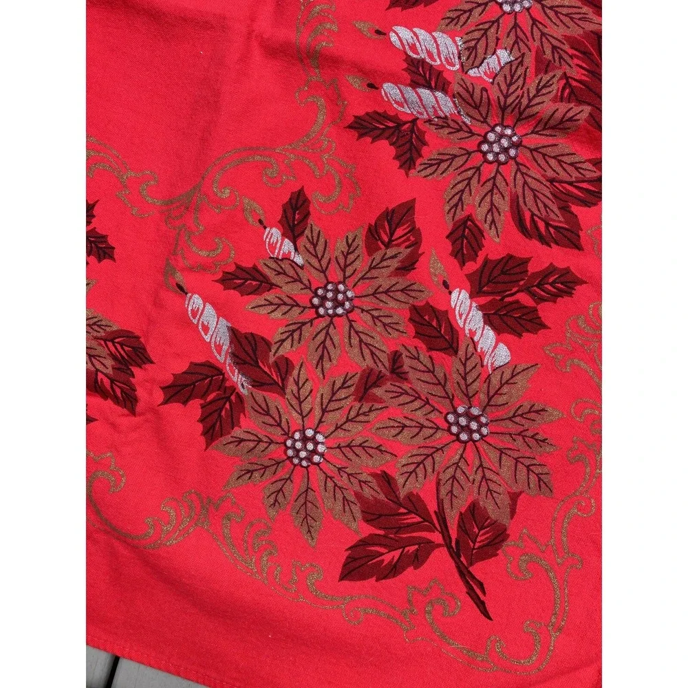 Vintage Christmas cloth tablecloth red silver gold poinsettias candles 50 x 63